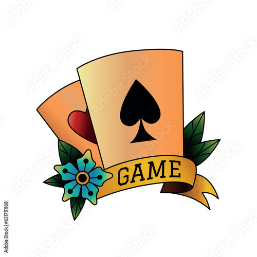Tattoo ace cards. Old school body ink print. Poker game. Casino Vegas gambling. Red or black suits with flowers. Lucky chance. Heart and spade. Vector traditional tattooing element