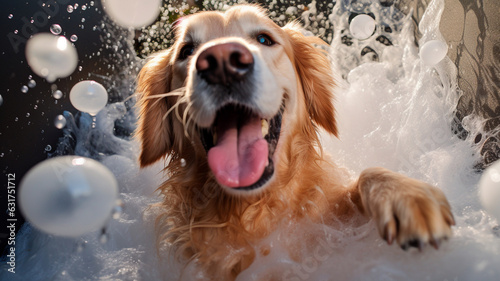 dog taking a foam in a bathtub. Generative AI