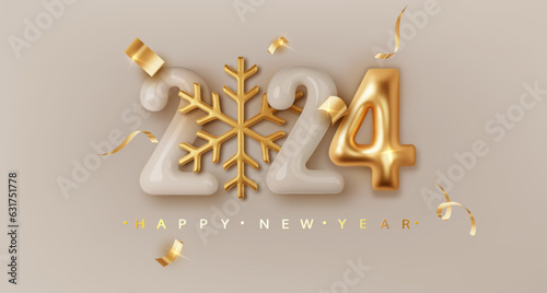 2024 Realistic glossy number with golden snowflake. Happy New Year and Merry Christmas 2024. Greeting card. Vector 3d rendering