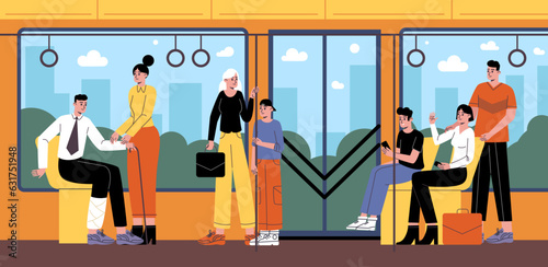 Bus passengers. People go in urban transport about business. Citizens get to their destination. Couple sitting on seats. Family standing in vehicle. City transportation. Vector concept