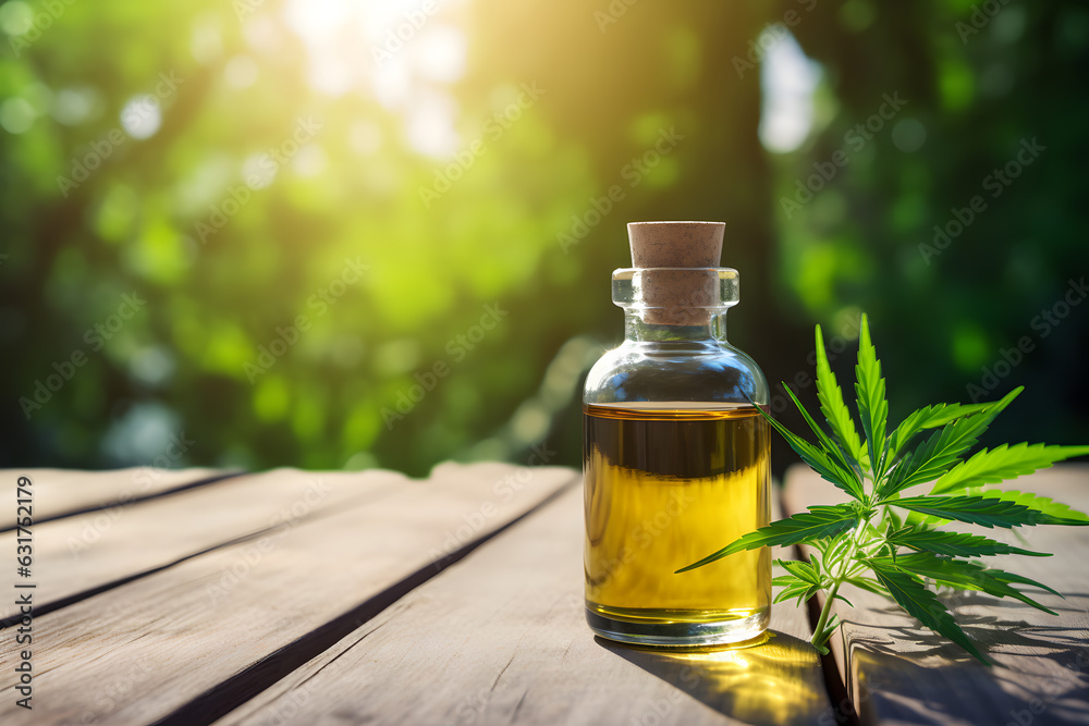 Medical CBD Hemp Oil on Wooden Desk - Generative AI