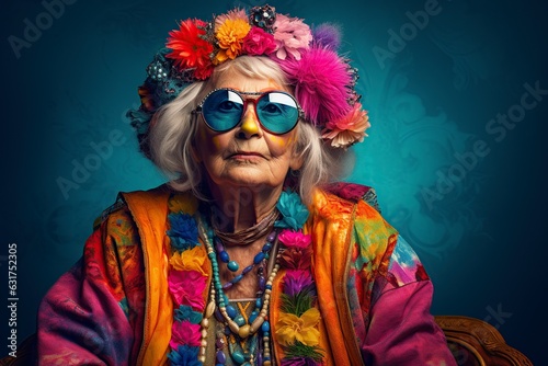 elderly woman in colorful clothes in a studio facing the camera