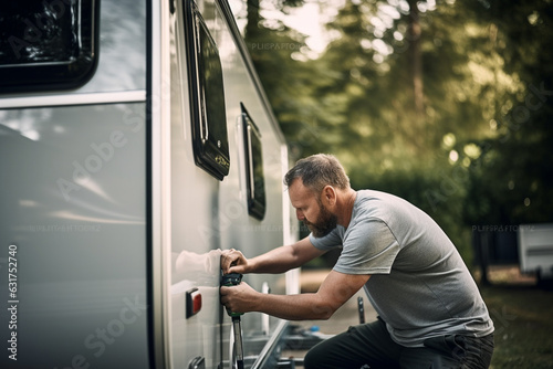 unrecognizable man is doing the maintenance of a camper trailer, He is applying a sealant around the windows and other parts of the trailer, aesthetic look photo