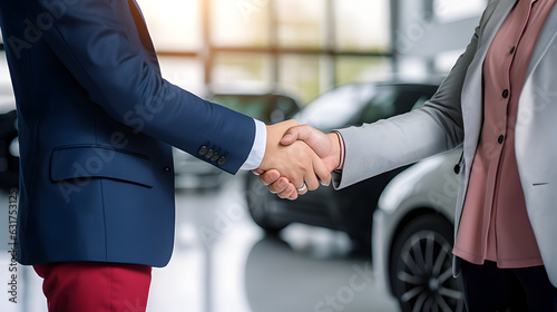 un homme et une femme se serrent la main pour conclure la vente d'une voiture © Fox_Dsign
