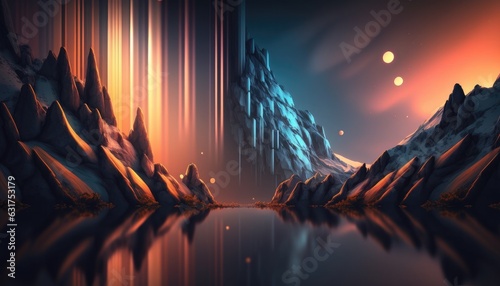 fantasy mountain area backdrop  landscapes wallpaper  hd  in the style of surreal cyberpunk iconography  sparkling water reflections  uhd image  bold  cartoonish lines  background