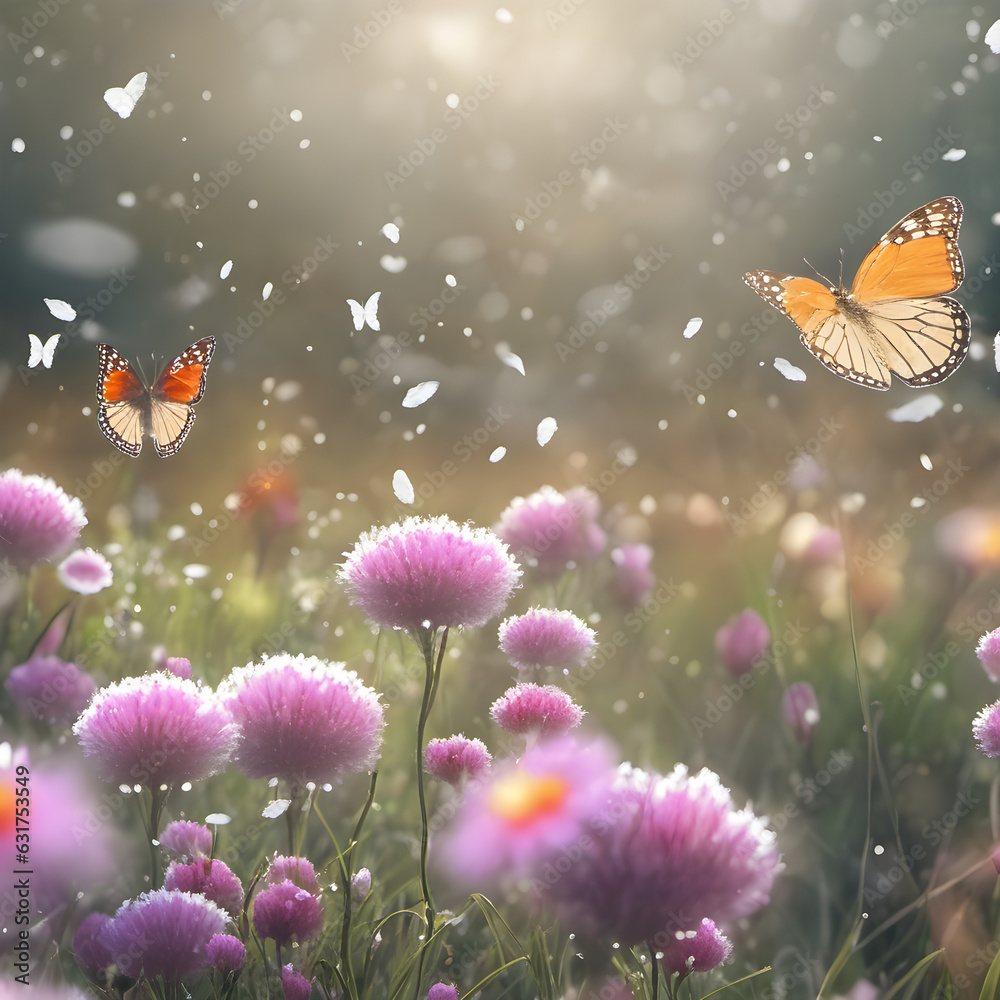 branches of blossoming cherry against the background of blue sky, and butterflies on nature outdoors. Pink sakura flowers, dreamy romantic images of spring, and landscape panorama Generative AI