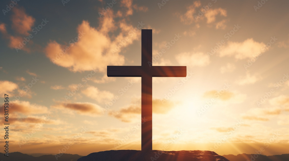A classic Christian religious cross standing tall against a sunset sky, a symbol of hope and salvation Generative AI