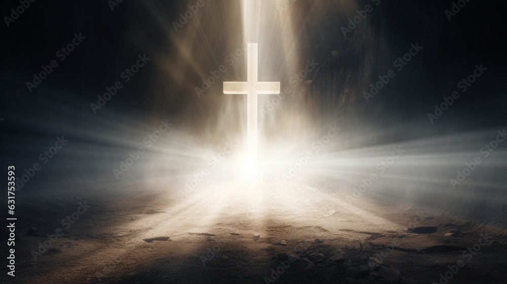 An ethereal depiction of a Christian cross illuminated by a beam of light, signifying divine presence Generative AI An ethereal depiction of a Christian cross illuminated by a beam of light, signifying divine presence Generative AI