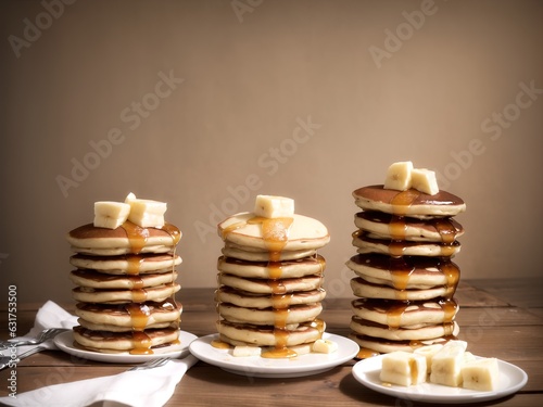 stack of pancakes with banana, chocolate and caramel sauce on wooden table