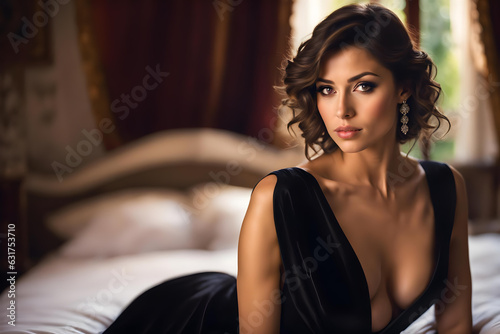 a woman in sexy lingerie in the bed of a bedroom in a vintage villa - generative ai
