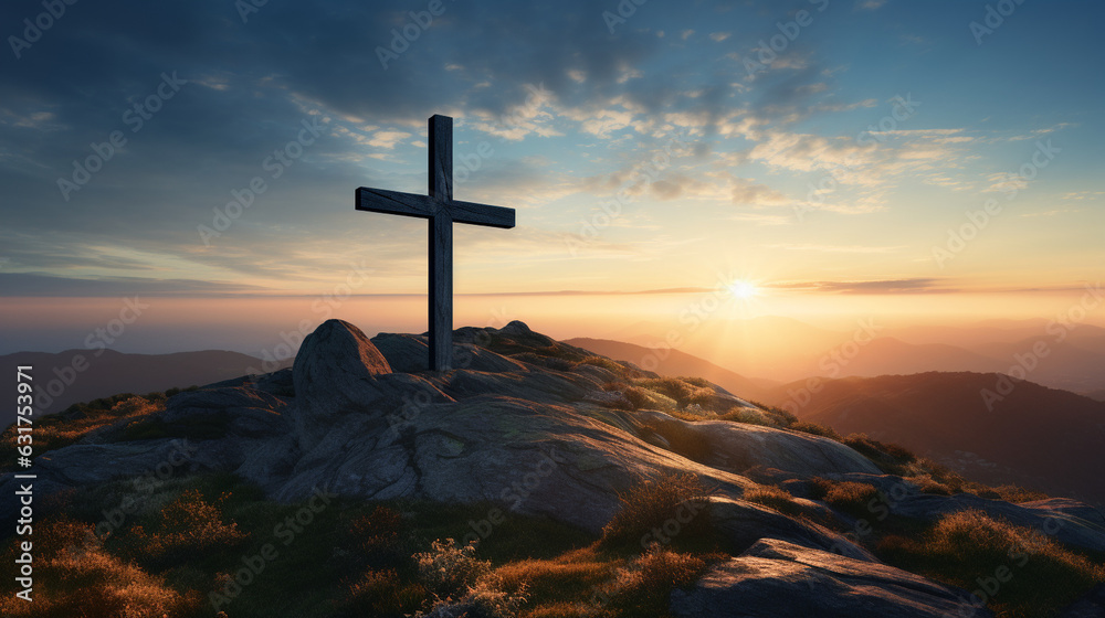 A majestic portrayal of a Christian cross atop a hill, against a backdrop of a radiant sunrise, symbolizing new beginnings Generative AI