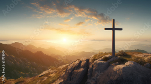 A majestic portrayal of a Christian cross atop a hill, against a backdrop of a radiant sunrise, symbolizing new beginnings Generative AI © Denis Yevtekhov