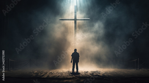 A stirring image of a person in prayer beneath a towering Christian cross, capturing the sense of divine presence Generative AI photo