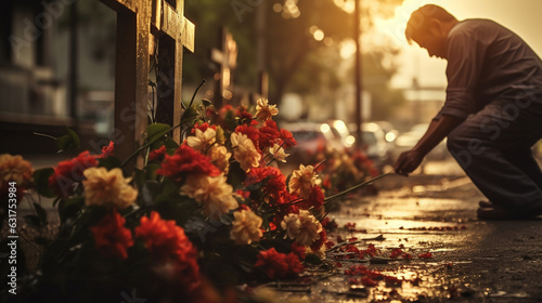 A poignant photo of a person leaving flowers at the base of a Christian cross, honoring the memory of a loved one Generative AI