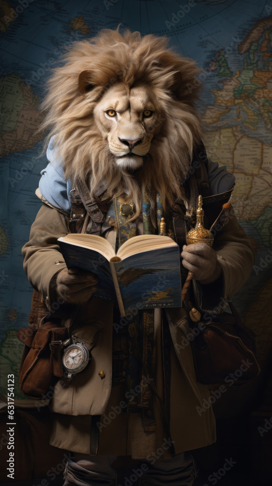 An anthropomorphic Lion dressed as a travel guide.