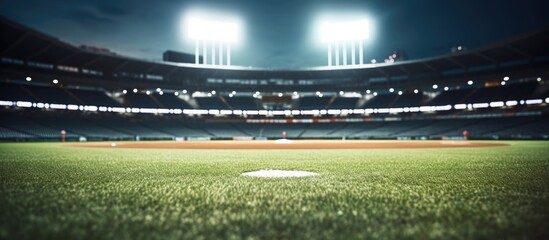 showcases a baseball field at a brightly lit outdoor stadium. The foreground is the main focus, with a shallow depth of field. The background features a blurry view, providing copy space
