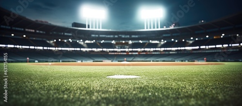 showcases a baseball field at a brightly lit outdoor stadium. The foreground is the main focus, with a shallow depth of field. The background features a blurry view, providing copy space