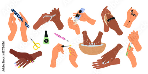 Female hand manicure. Cosmetic finger nails treatment. Cartoon manicurists skincare accessories. Scrubbing and arm baths. Girl applying cream and varnish. Woman beauty. Garish vector set