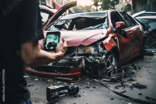 Unrecognizable man taking pictures of a broken car after an accident