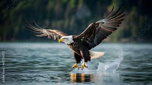 American bald eagle hunting at lake photo