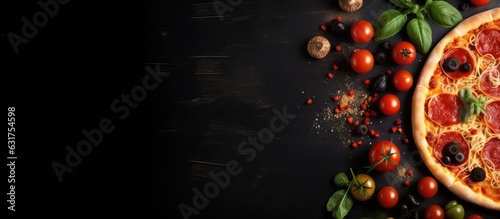 Italian food arranged on a dark background with pasta and pizza, captured from above with empty space for text.