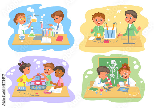 Little students work in laboratories. Happy children in practical biology or chemistry lessons. Physics class. Young scientists study. Kids group programming robots. Splendid vector set