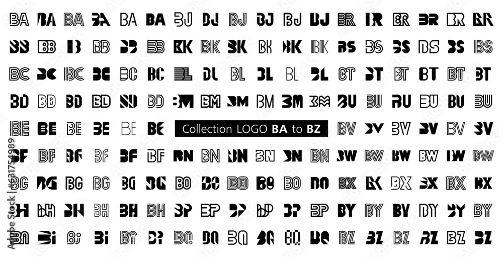 Collection LOGO BA to BZ. Abstract logos mega collection with letters. Geometrical abstract logos