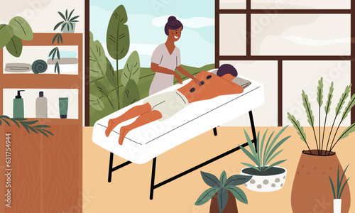 Man in beauty salon. Professional massage therapist work with client. Relaxing hot stone spa therapy. Wellness or skin care cosmetology procedure. Male relaxation. Garish vector concept