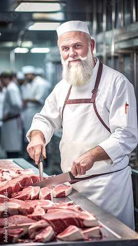 The chef in the kitchen cuts raw meat.