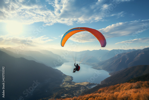 Unrecognizable paraglider flying across the sky with paragliding instructor