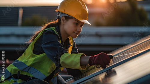 A woman engineer electrician using a hand to check solar panels on the roof, clean energy power nature, photovoltaic systems, the energy produced by the sun, Power sustainable concept. Generative Ai
