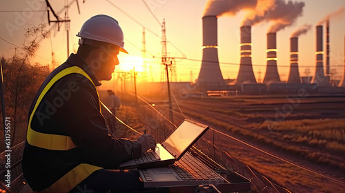 An electrical engineer checking position using notebook computer at power station for planning work. production of high voltage electric poles. Generative Ai