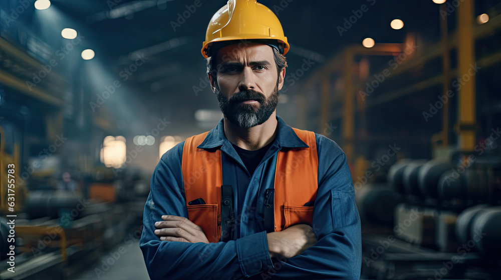 An Industrial Male Engineer Crossed Arms With Confidence in Hard Hat Wearing Safety Jacket, Through Heavy Industry Manufacturing Factory with Various Metalworking Processes. Generative Ai An Industrial Male Engineer Crossed Arms With Confidence in Hard Hat Wearing Safety Jacket, Through Heavy Industry Manufacturing Factory with Various Metalworking Processes. Generative Ai