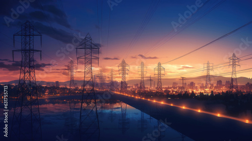 High voltage electric transmission tower at sunset. Generative Ai