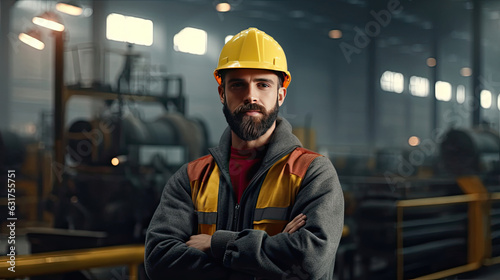 An Industrial Male Engineer Crossed Arms With Confidence in Hard Hat Wearing Safety Jacket, Through Heavy Industry Manufacturing Factory with Various Metalworking Processes. Generative Ai