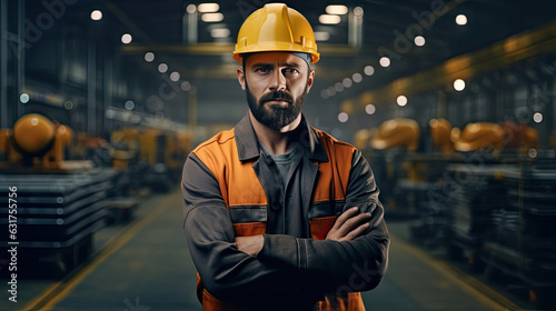 An Industrial Male Engineer Crossed Arms With Confidence in Hard Hat Wearing Safety Jacket, Through Heavy Industry Manufacturing Factory with Various Metalworking Processes. Generative Ai