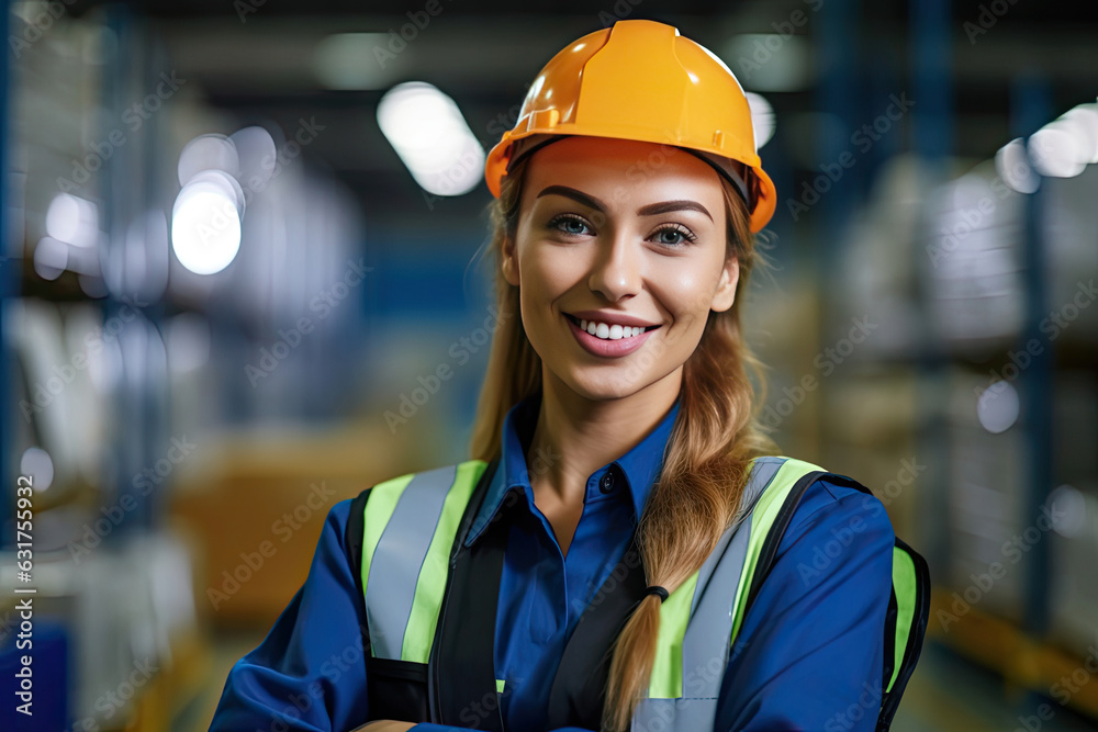 A Beautiful Smiling on Camera Female Engineer in Safety Vest and Hardhat. Professional Woman Working in the Modern Manufacturing Factory.Generative Ai A Beautiful Smiling on Camera Female Engineer in Safety Vest and Hardhat. Professional Woman Working in the Modern Manufacturing Factory.Generative Ai