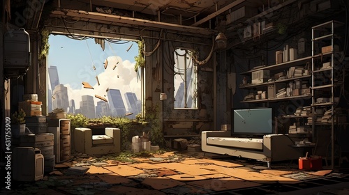 Interior of an old abandoned house. AI generated art illustration.