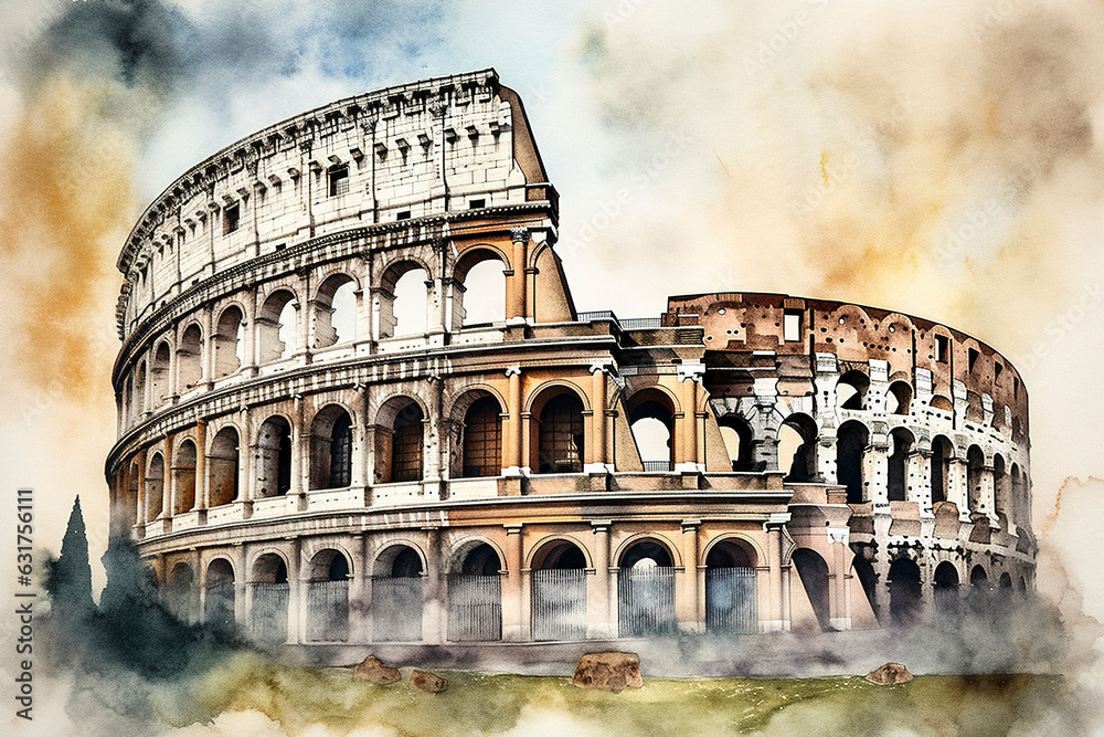 Roman Coliseum (Colosseum) simple watercolor. Exterior of the Rome Coliseum. Coliseum is one of the main attractions of Rome (Roma) and Italy. Rome architecture and landmark. Roman holiday.