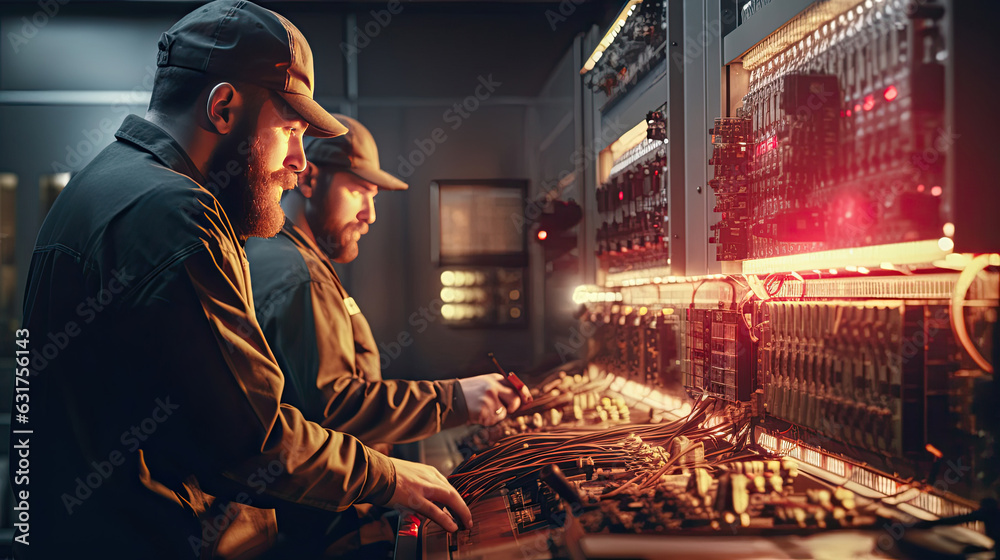 Two maintenance engineers inspect relay protection system with laptop computer. Bay control unit. Medium voltage switchgear. Generative Ai