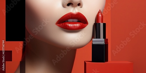 Retrato close-up lipstick rojo para promocionar marca de makeup, mockup lip gloss con espacio para texto, branding labial rojo marca de lujo photo