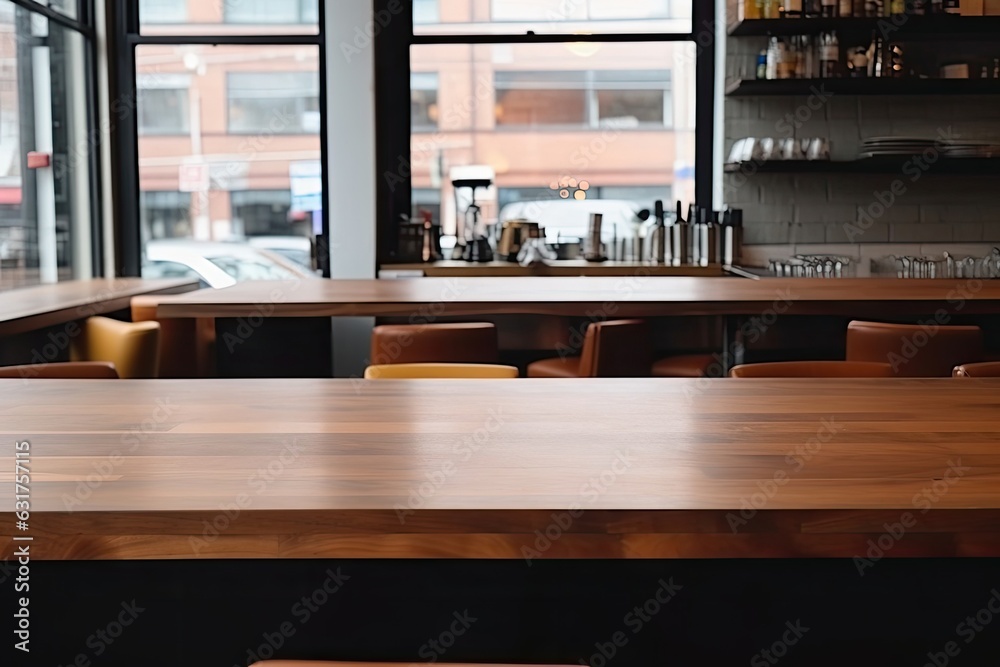 The cafe has an exuberant image with a wooden, empty table. (Generative AI) The cafe has an exuberant image with a wooden, empty table. (Generative AI)