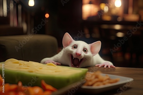 Funny character illustration of a cute rat or mouse enjoying cheese under the moon. (Generative AI) © HandmadePictures