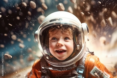 kid in spacesuit helmet floating through school. beautiful Generative AI AIG32 photo