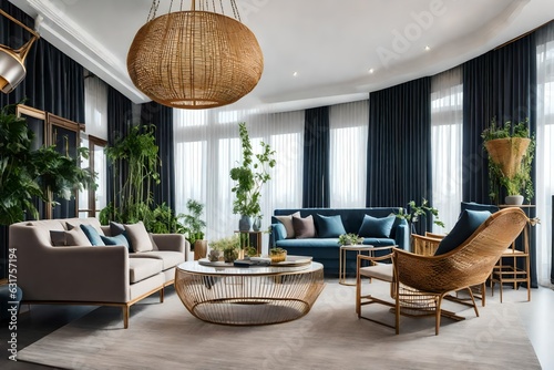 modern living room with beautiful chandelier and green plants