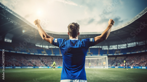 Back view of football player in blue t-shirt with arms raised at stadium