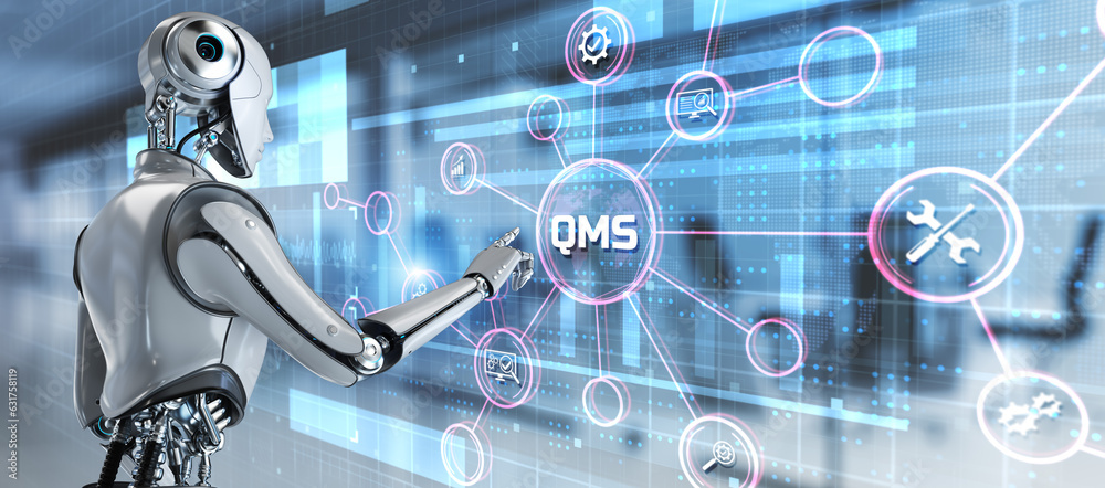QMS quality management system business and industrial technology concept. 3d render robot pressing button.