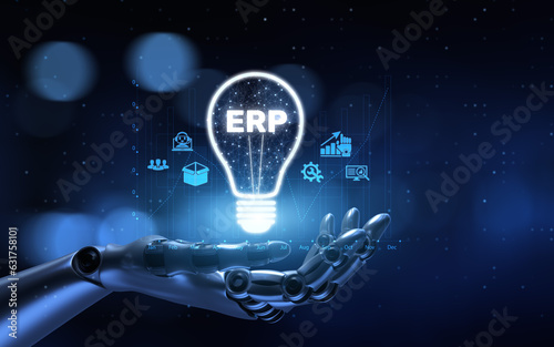 ERP Enterprise resource planning. Robot hand pressing virtual button 3d render.
