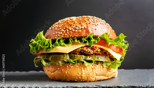 Veggie burger with vegan cheese, vegetable burger, pickle slices and salad on black background. Classic bun with sesame seeds