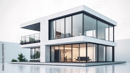 Isolated mockup of a 3D house standing on a white surface. Generative AI technology.